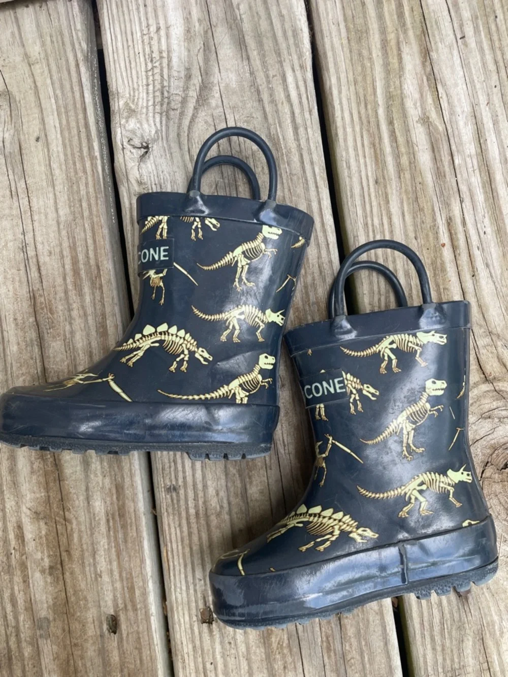 🦕🦖Lone Cone Kids Dinosaur Rain Boots Wellies Navy Yellow Size 5 Waterproof